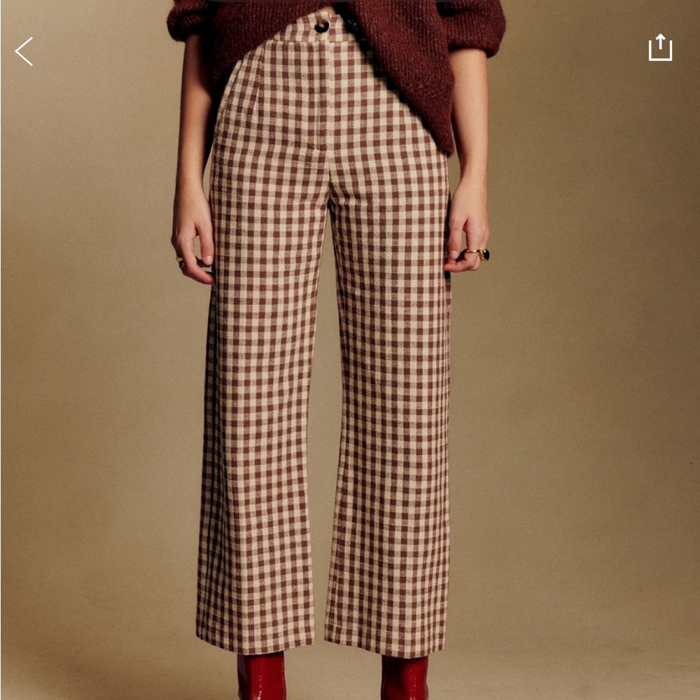 Sezane Martin Crop Trousers Brown Gingham/ Ecru - Size 8